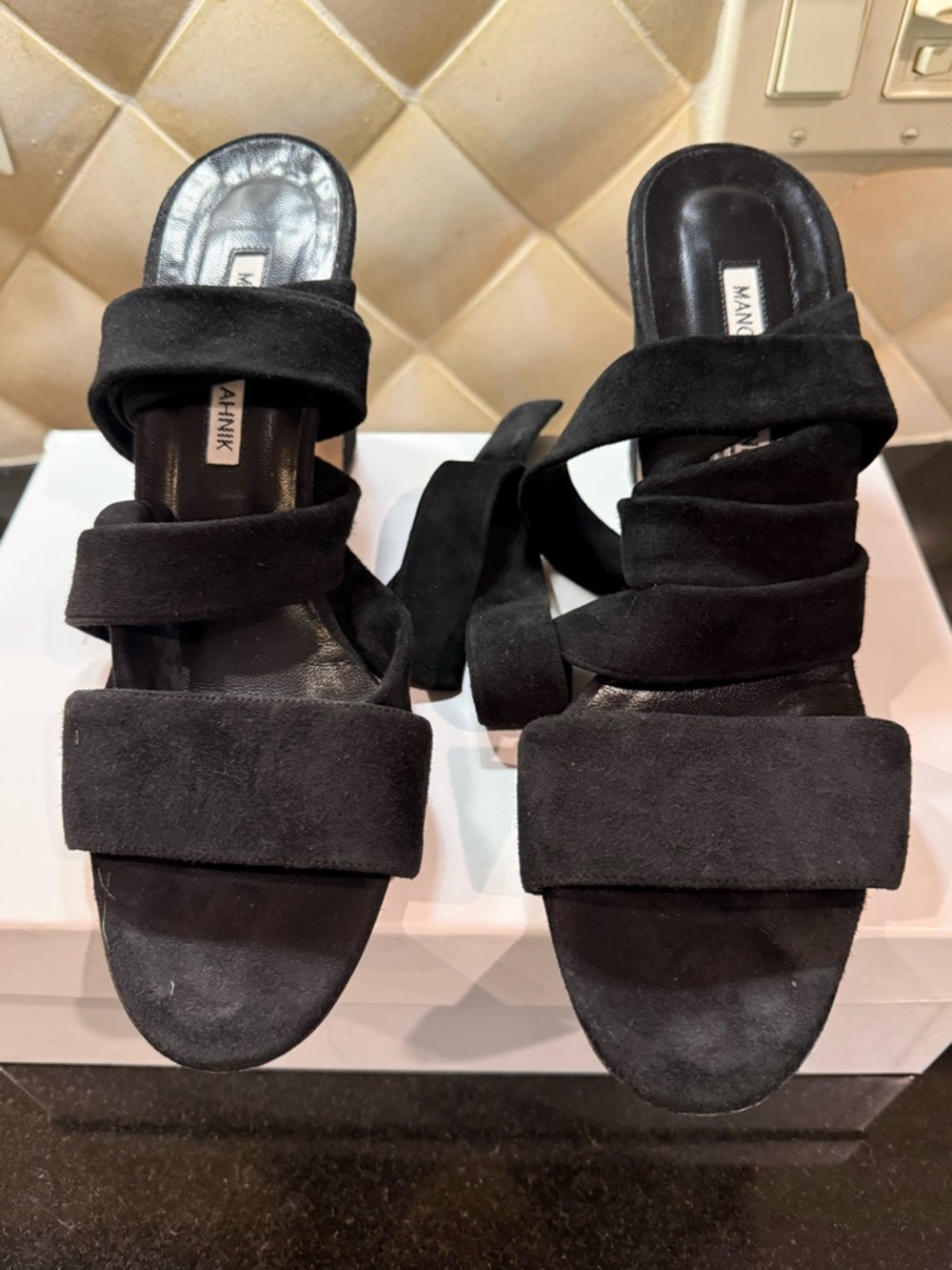 Manolo Blahnik Black Suede Multi-Strap Block Heel Sandals